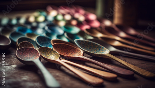 Wooden spoons in a row, rustic decoration generated by AI