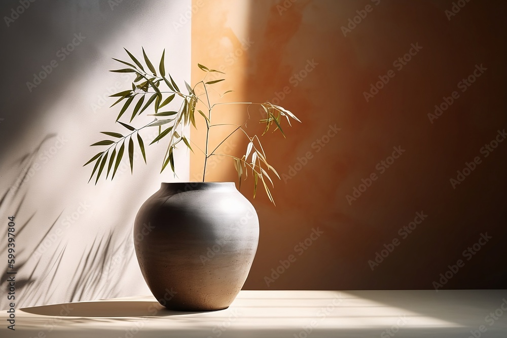 Minimalistic clay vase with bamboo on gray background, AI generated