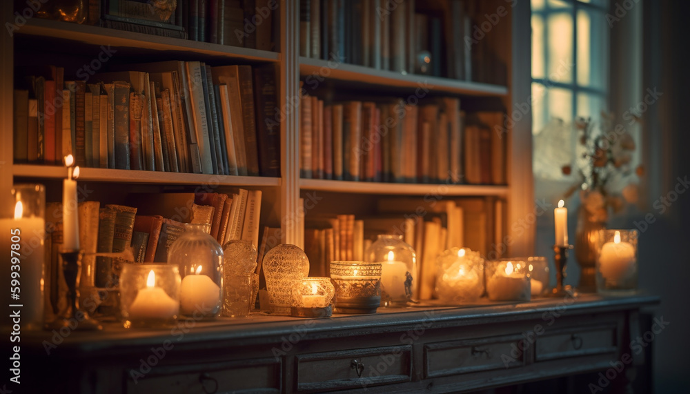 Candle burning, illuminating ancient literature collection generated by AI