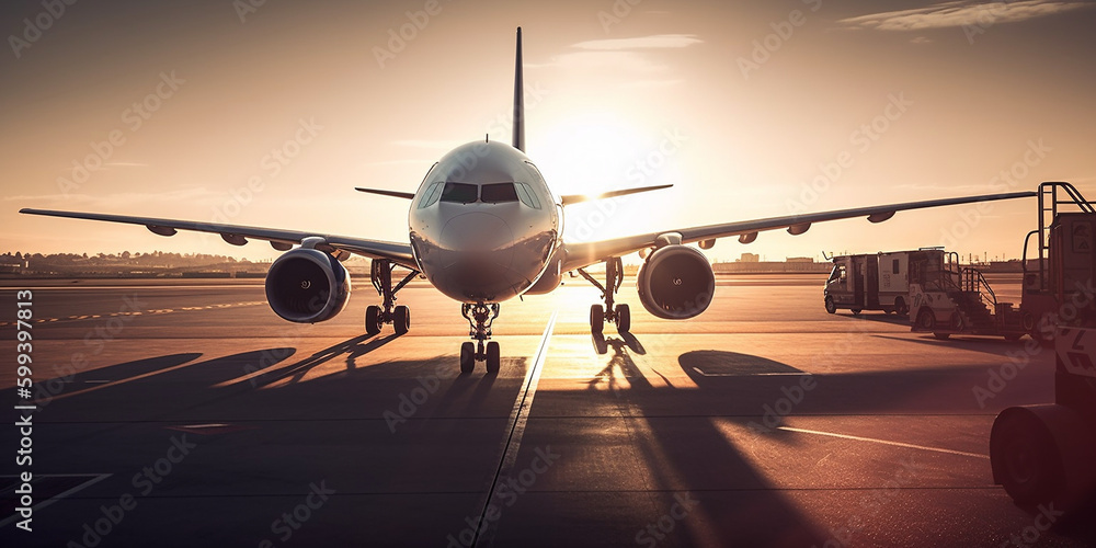 Modernes Flugzeug am Flughafen, Sonnenuntergang im Hintergrund, ai generativ - obrazy, fototapety, plakaty 
