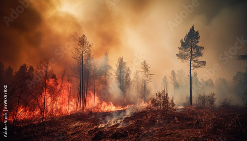 Burning forest fire creates inferno, smoke rises generated by AI © djvstock