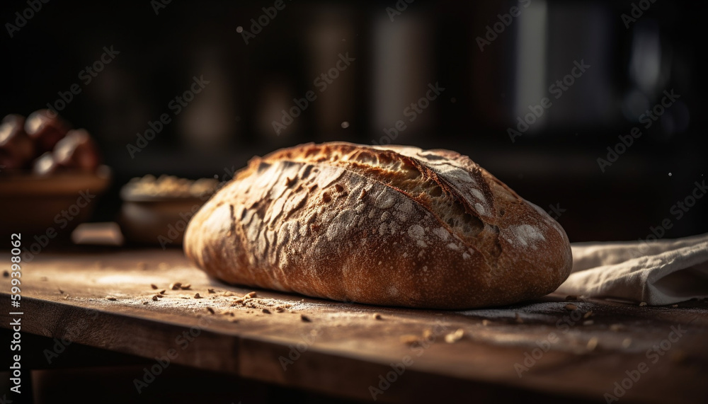 Freshly baked bread on rustic wooden table generated by AI