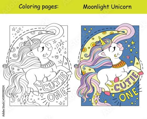 Cute beautiful unicorn on the moon coloring and template vector