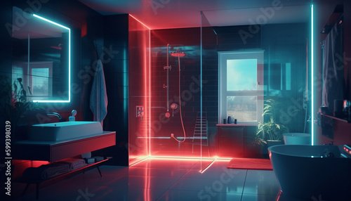 Luxury modern bedroom illuminated by blue lighting generated by AI