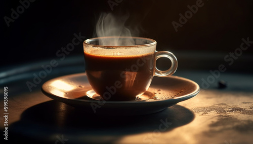Frothy cappuccino on wood table  elegant still life generated by AI