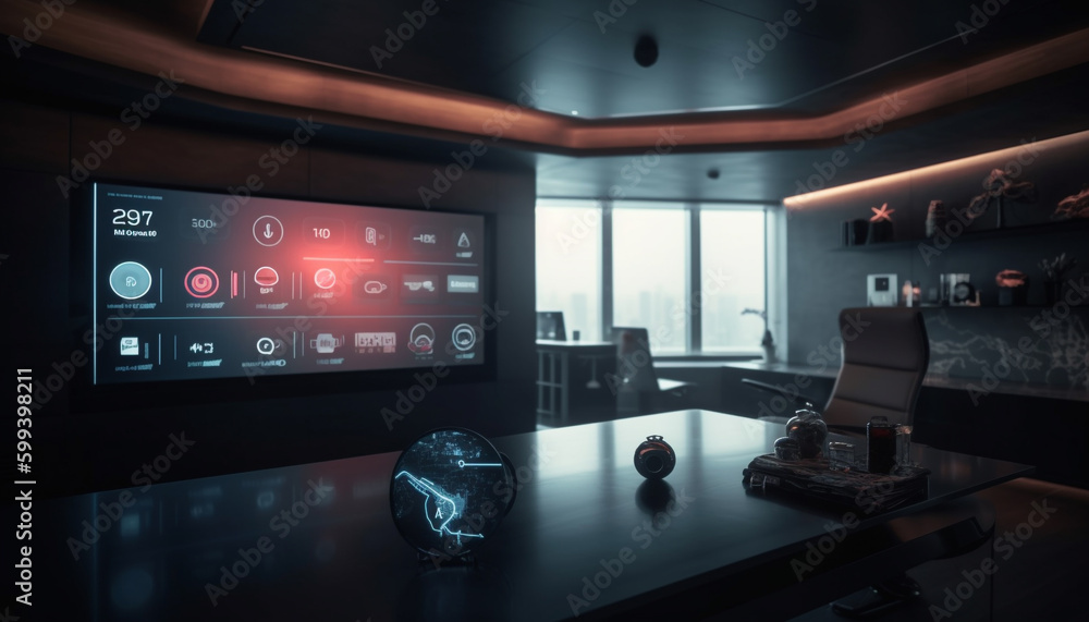 Futuristic office with modern equipment and glowing technology generated by AI Futuristic office with modern equipment and glowing technology generated by AI