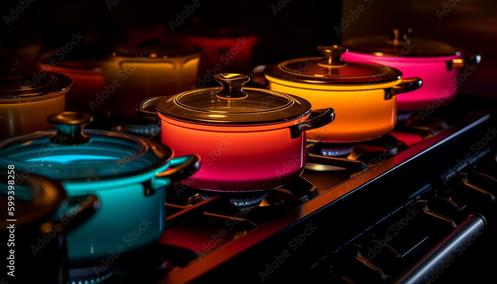 Shiny steel saucepan on stove top flame generated by AI - obrazy, fototapety, plakaty 