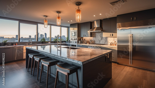 Luxury kitchen island, stainless steel appliances, elegant design generated by AI