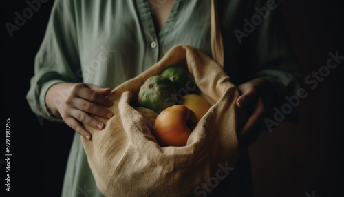 Hand holding ripe apple, symbol of harvest generated by AI