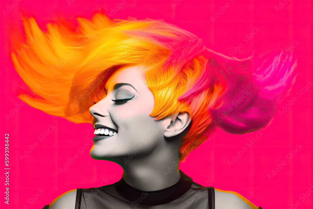 A woman with red red and orange short hair, portrait in pop art style on dark pink background, generative ai illustration