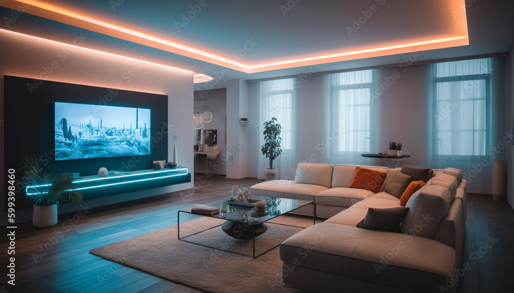 Fototapeta premium Modern living room with blue armchair elegance generated by AI