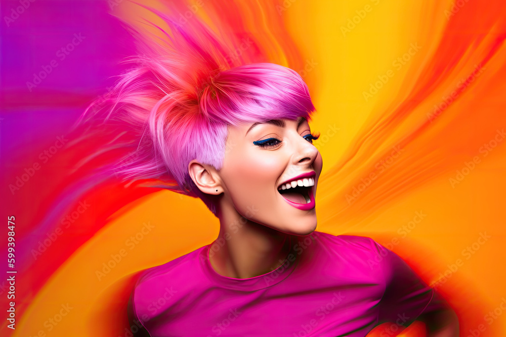 Fototapeta premium A woman with pink short hair, portrait in pop art style on orange red and pink background, generative ai illustration