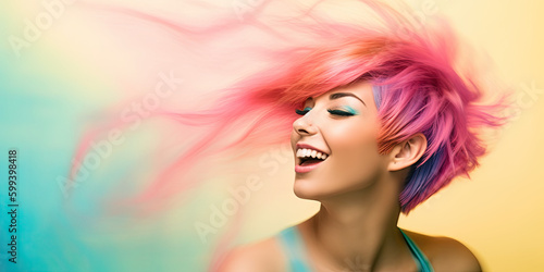 A woman with pink short hair, portrait in pop art style on neutral background, generative ai illustration with copy space