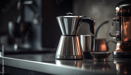 Shiny chrome coffee maker prepares fresh cappuccino indoors generated by AI