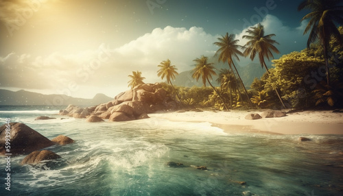 Tropical palm tree sways by tranquil waters generated by AI