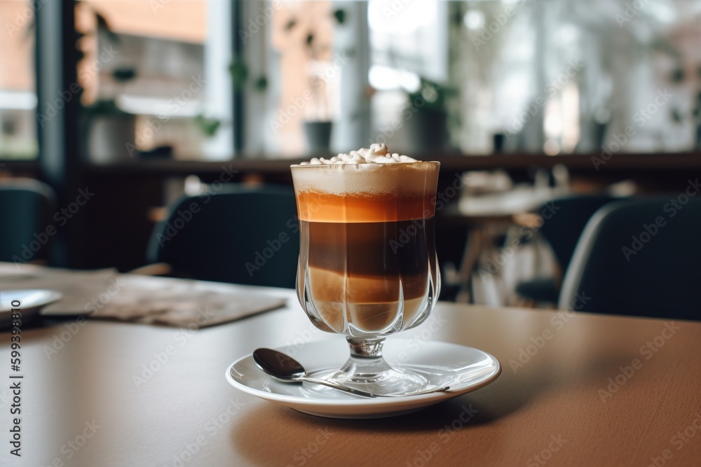 Viennese coffee with whipped cream In a glass cup on a table in a café. generative ai Viennese coffee with whipped cream In a glass cup on a table in a café. generative ai