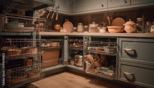 Stainless steel kitchen equipment on clean shelf generated by AI