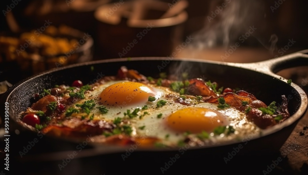 Fried egg and tomato on cast iron generated by AI