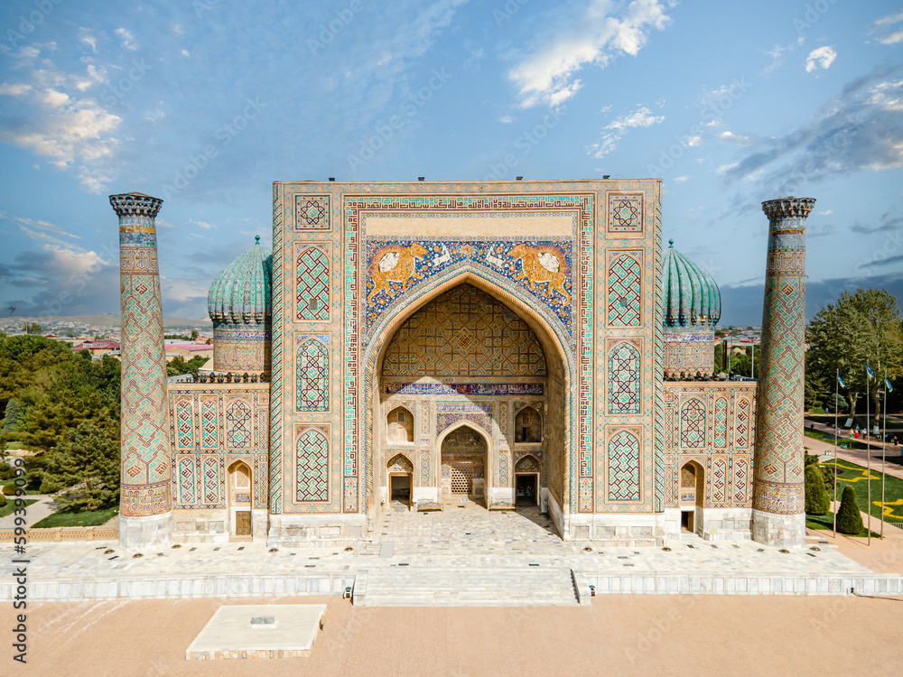 Samarkand, Uzbekistan aerial view of The Registan Square. Ulugh Beg Madrasah and the Tilya-Kori Madrasah a popular tourist attraction of Central Asia.