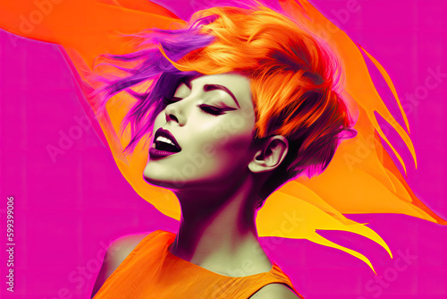 A woman with purple and orange short hair portrait in pop art style on orange and magenta background, generative ai illustration © NAITZTOYA