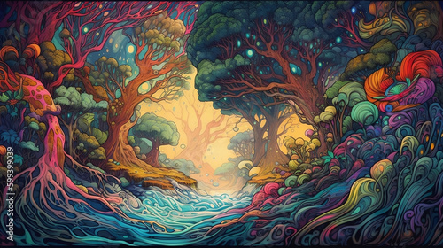 ai generated illustration of an abstract depiction of magical fantasy wonderland forest