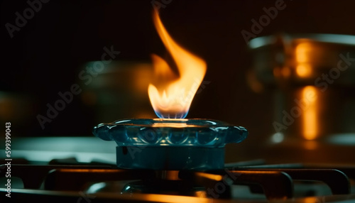 Glowing flame ignites natural gas stove top burner generated by AI