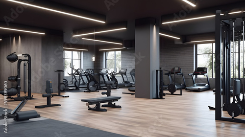 Modern gym interior with sport and fitness equipment, fitness center inteior, inteior of crossfit and workout gym.