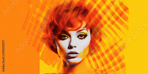 Portrait of a red hair woman, pop art style with copy space, generative ai illustration on yellow and orange background  © NAITZTOYA