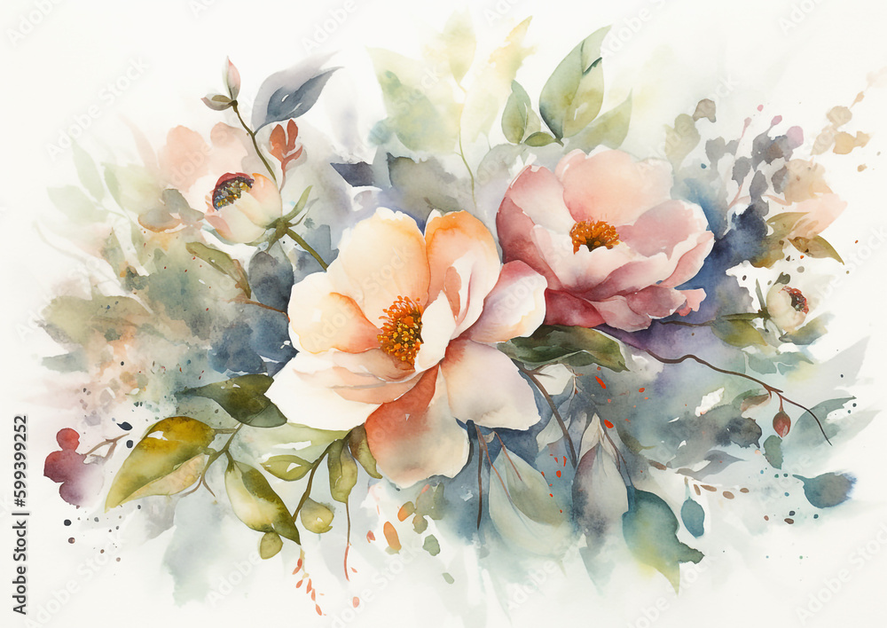 Watercolor romantic and beautiful flowers in bright background generative AI