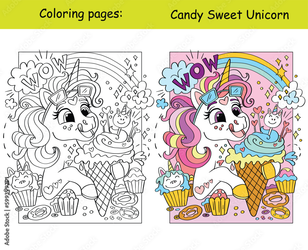 Fototapeta premium Funny unicorn eats ice cream coloring and template vector
