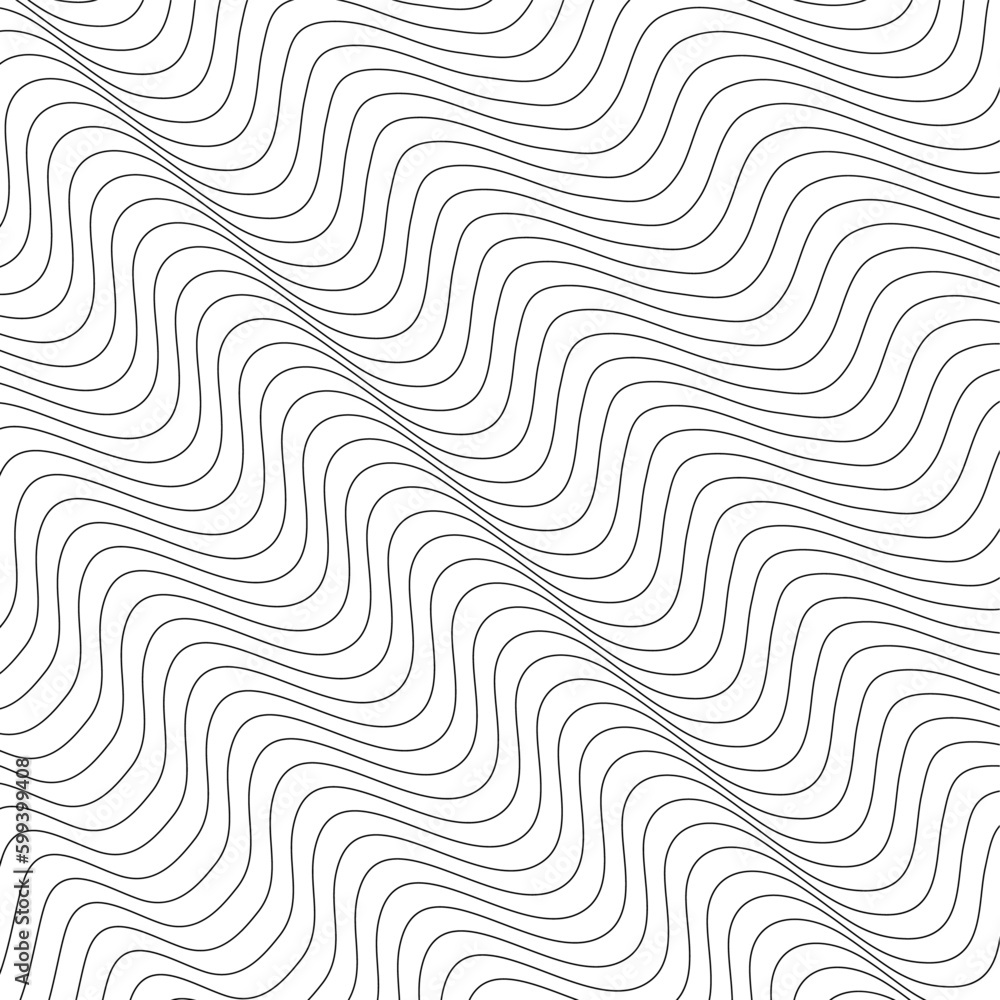 Psychedelic lines. Abstract pattern. Texture with wavy, curves stripes. Optical art background. Wave design black and white. Vector illustration