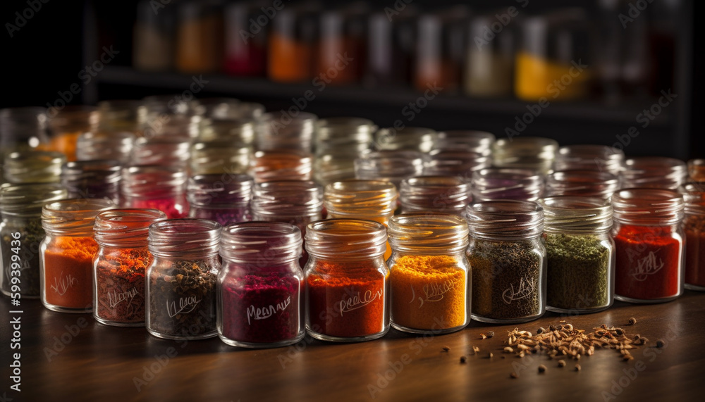 Multi colored jars of spices line kitchen shelves generated by AI Multi colored jars of spices line kitchen shelves generated by AI