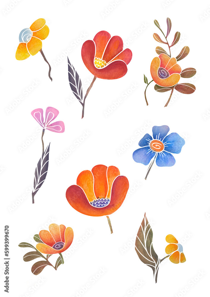 hand drawn Set of flowers on isolated transparent background, watercolor illustration. Summer Collection botanical stickers with gerberas, daisies, daffodils, poppies. blossom plant for cards prints