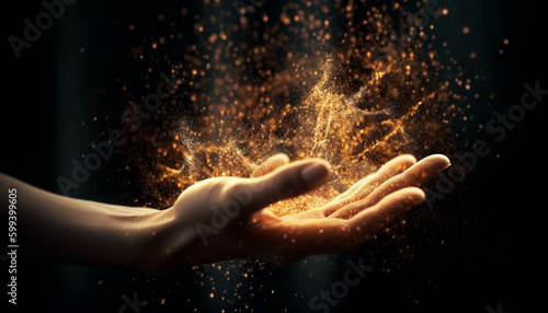 Burning hand holds glowing flame in darkness generated by AI © djvstock