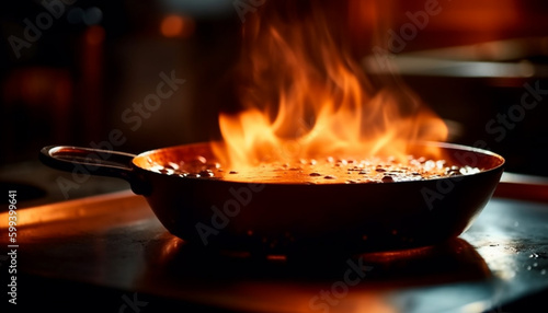 Gourmet meal cooked on glowing wood fire generated by AI