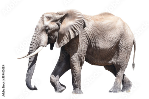 an isolated Bull Elephant walking side view  strong and muscular  wildlife-themed photorealistic illustration on a transparent background cu tout in PNG. Generative ai