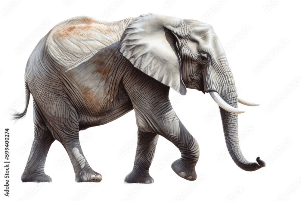 Fototapeta premium an isolated Bull Elephant walking side view, strong and muscular, wildlife-themed photorealistic illustration on a transparent background cu,tout in PNG. Generative ai