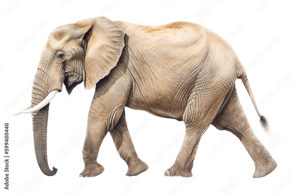 an isolated Bull Elephant walking side view, strong and muscular, wildlife-themed photorealistic illustration on a transparent background cu,tout in PNG. Generative ai