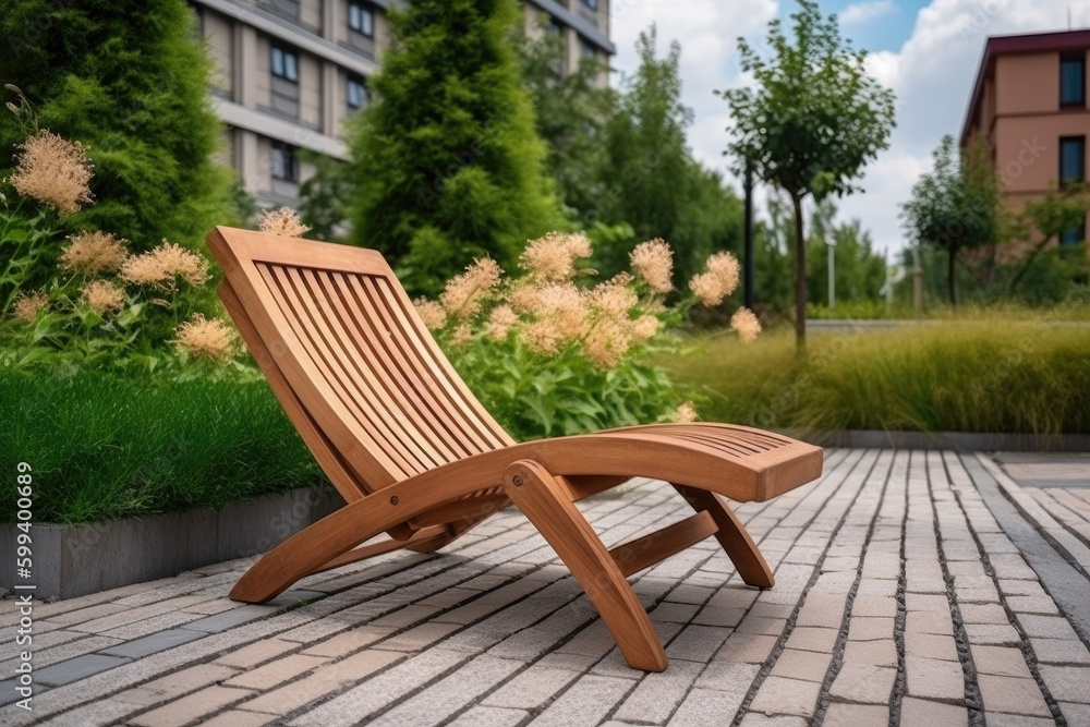 Empty brown wooden deck chair or chaise longue on tile among decorative grass and flowers in recreation area. Garden landscape with chairs in city park. Created with Generative AI