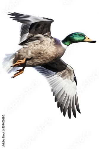an isolated  Mallard Duck(Anas platyrhynchos) in flight side view , preservation, Wildlife-themed, photorealistic illustration on a transparent background cutout in PNG. Generative AI