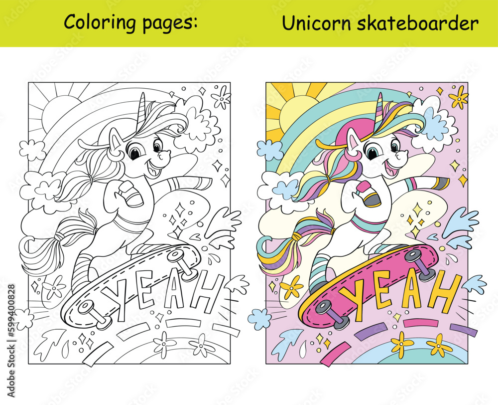 Cute and cool unicorn coloring and template vector