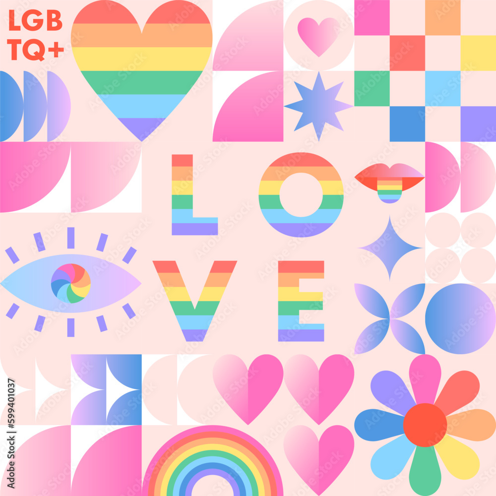 Pride month pattern template.LGBTQ+ community vector illustration in bauhaus style with geometric elements and rainbow lgbt symbols.Human rights movement concept.Gay parade.Colorful cover design.