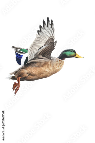 an isolated  Mallard Duck(Anas platyrhynchos) in flight side view , preservation, Wildlife-themed, photorealistic illustration on a transparent background cutout in PNG. Generative AI