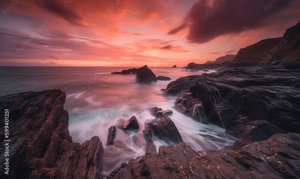 a long exposure of a sunset over the ocean with rocks. generative ai a long exposure of a sunset over the ocean with rocks. generative ai