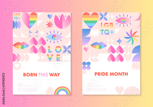 Pride month posters templates.LGBTQ+ community vector illustrations in bauhaus style with geometric elements and rainbow lgbt symbols.Human rights movement concept.Gay parade.Colorful cover designs.