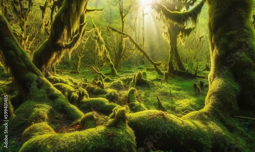  a moss covered forest with sunlight shining through the trees and moss growing on the ground.  generative ai