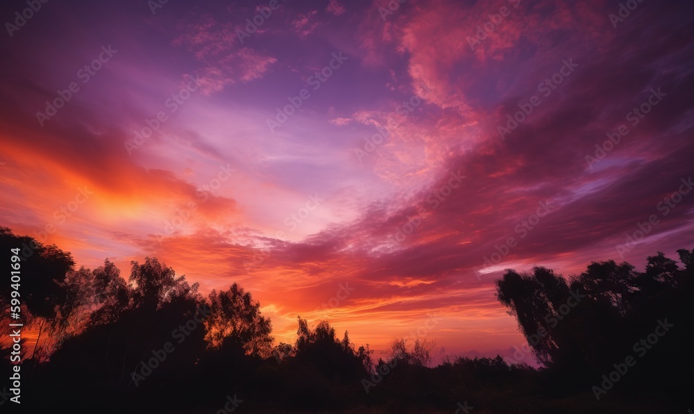  a purple and red sky with trees in the foreground.  generative ai