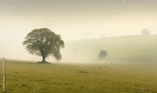  a lone tree in a foggy field with trees in the distance. generative ai