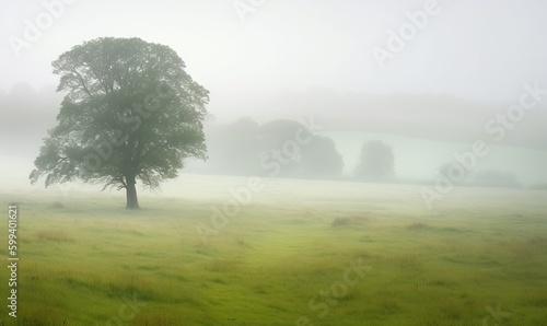  a lone tree in a foggy field on a foggy day.  generative ai