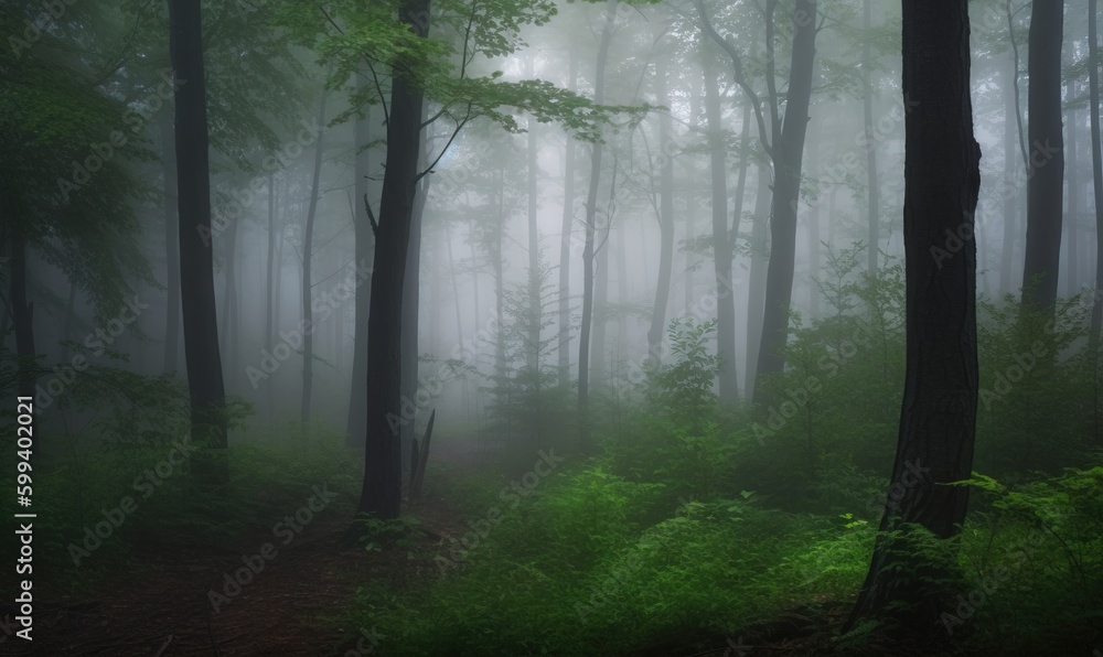  a foggy forest filled with lots of trees and ferns.  generative ai